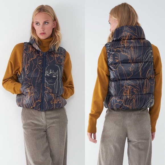 Sosken Studios JODY NAVY PORTRAIT PRINT DOWN PUFFER VEST SIZE 1 S - Picture 1 of 11